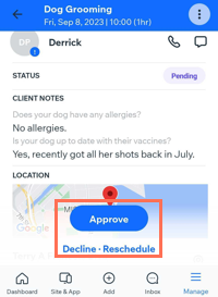 A screenshot showing how to approve, decline or reschedule an appointment request on the Wix owner app.