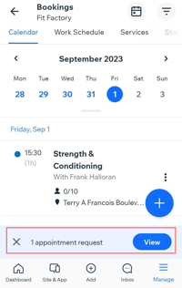 A screenshot showing an appointment request in the Booking Calendar on the Wix owner app.