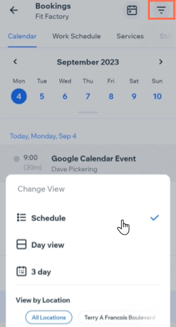 A screenshot showing how to select the Schedule view in the Booking Calendar on the Wix Owner app.