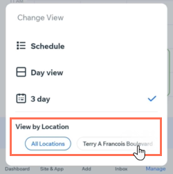 A screenshot showing how to filter your upcoming sessions by location.