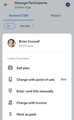 A screenshot showing the various ways of collecting payment from a client for their class and course sessions.