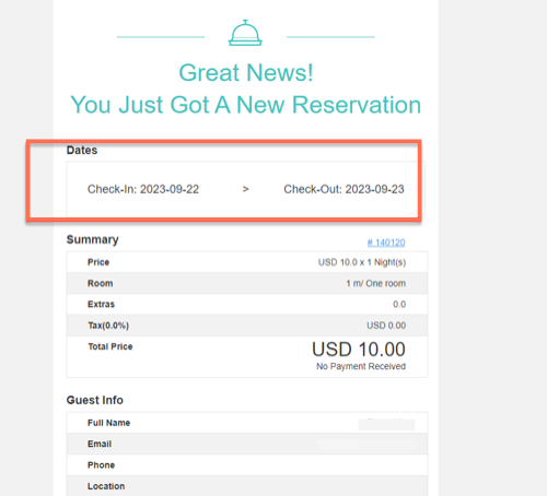 A screenshot showing the reservation confirmation email.