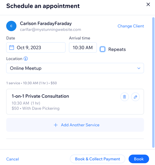 Screenshot showing how to manually create an appointment for a client.