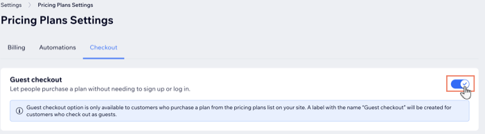 Screenshot che mostra come abilitare l'interruttore del checkout come ospite