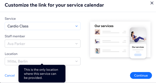 Captura de pantalla que muestra una opción no disponible al crear un enlace para compartir a un calendario de servicios.