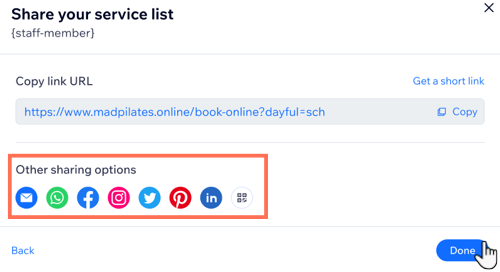 Screenshot, der einen teilbaren Link zu einer Serviceliste und die verfügbaren Optionen für Social Media zeigt