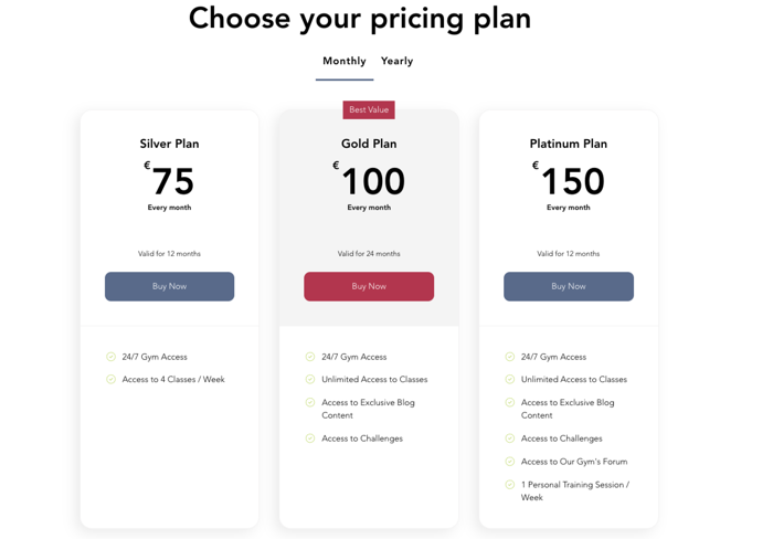 A screenshot showing monthly and yearly pricing plans displayed using separate tabs.