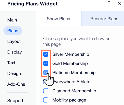 A screenshot showing how to select which plans to display in a plan list widget.