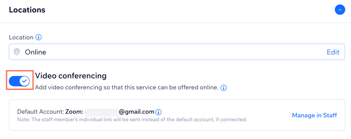 A screenshot showing the video conferencing toggle enabled in the service creation form.