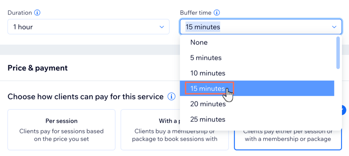 A screenshot showing how to set the buffer time between appointments in the Bookings Services section of the dashboard.