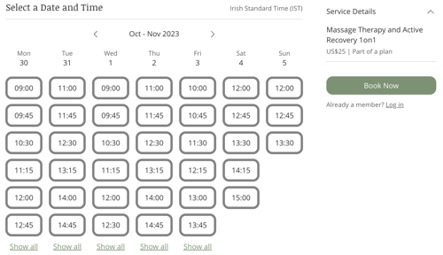 Uma captura de tela mostrando como seus clientes veem um agendamento com intervalos de 45 minutos no calendário.