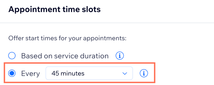 Une capture d'écran montrant comment paramétrer un intervalle de 45 minutes entre les créneaux horaires des rendez-vous.