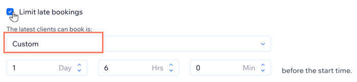A screenshot showing how to limit late bookings, with a custom time, on a specific booking policy.