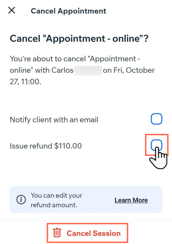 A screenshot showing how to refund and cancel a session from the Booking Calendar.