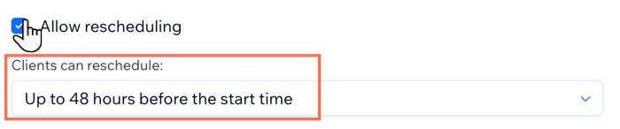 A screenshot showing how to allow clients to reschedule their sessions within a certain timeframe.