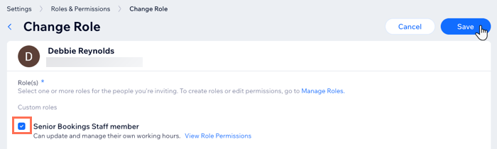 A screenshot showing how to add your new custom role to a staff member.