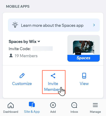 A screenshot showing how to invite clients to become members using the Wix owner app.