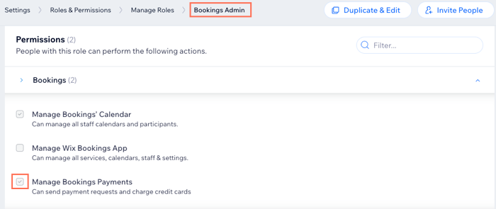 A screenshot showing the permissions a Bookings Admin has on your site.