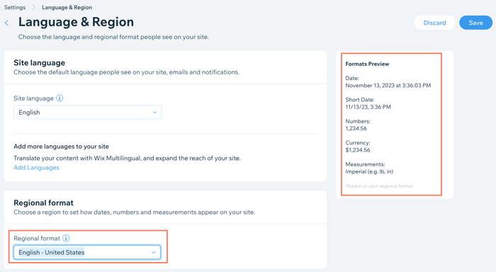 A screenshot showing how to update your regional format settings in the dashboard.