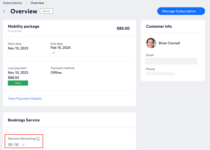 Screenshot che mostra quante sessioni sono rimaste a un cliente nel suo piano nella scheda Abbonamenti nel Pannello di controllo