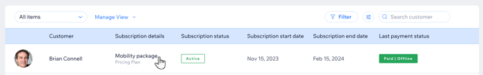 A screenshot showing a package in the Subscriptions tab in the dashboard.