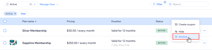 A screenshot showing how to archive your pricing plan from the pricing plans tab in the dashboard.