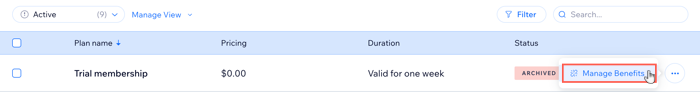A screenshot showing how to manage the benefits of an archived plan in the pricing plans tab in the dashboard.