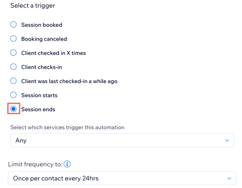 A screenshot showing how to select a trigger, choose which services it applies to and what the frequency limit is.