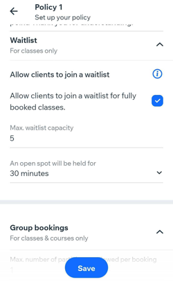 A screenshot showing how to enable the waitlist from the Wix owner app.