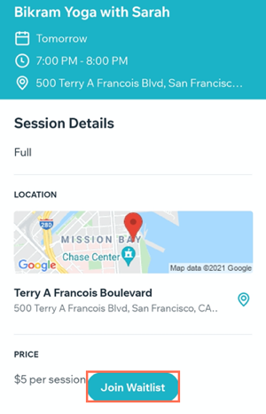 A screenshot showing a full session of a class, with the option to join the waitlist.
