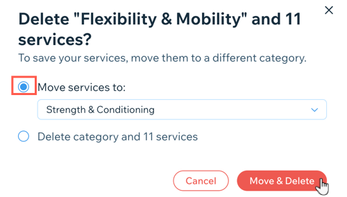 Uma captura de tela mostrando como excluir uma categoria e mover os serviços para outra categoria.