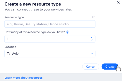 A screenshot showing how to create a new resource type.