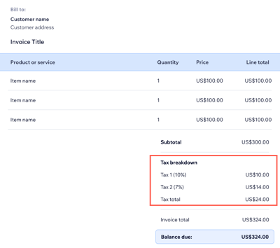 A screenshot showing a tax breakdown in the the total section of the invoice.