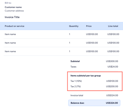 A screenshot showing how items subtotal per tax group appears on an invoice.