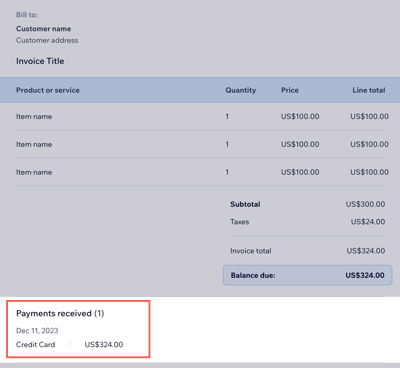 A screenshot showing an invoice with the payments received checkbox enabled.