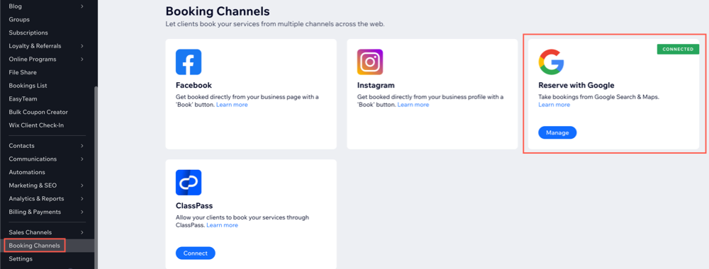 A screenshot showing the latest version of reserve with Google in the Booking Channels tab in your site's dashboard.