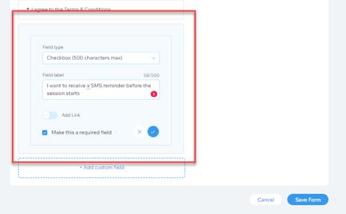 A screenshot showing how to add a custom field to the booking form to get clients' consent to receive SMS reminders.