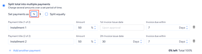 A screenshot showing how to split the invoice total for a proposal into multiple payments.