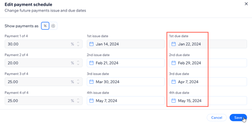 A screenshot showing how to edit the payment schedule on an existing proposal.