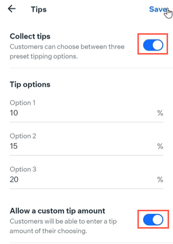 Capture d'écran montrant comment activer les pourboires lors du paiement dans l'appli Wix Owner.