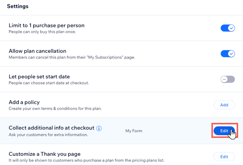 A screenshot showing where to edit an existing custom form in the settings section of the plan creation form.