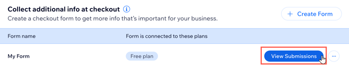 A screenshot showing how to view custom form submissions in the pricing plans settings section of the dashboard.