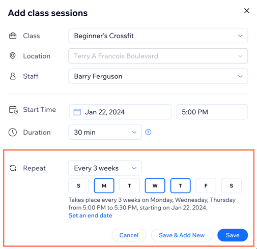 A screenshot showing how to create a recurring class session that repeats every 3 weeks.