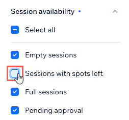 A screenshot showing how to filter the booking calendar by sessions with spots left.