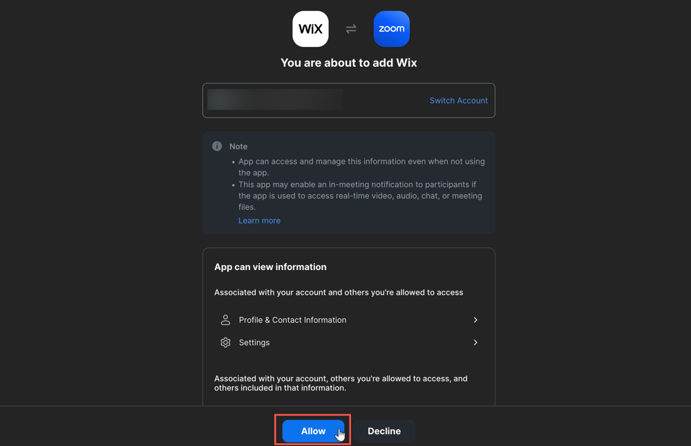 A screenshot showing how to grant Zoom permission to access your Wix account.