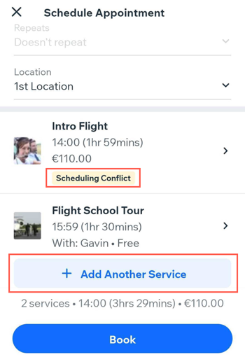 A screenshot showing how to add more services to a multiservice appointment.