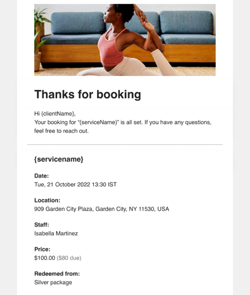 A screenshot showing an example of the new Bookings confirmation email templates.