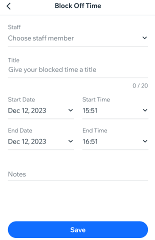 A screenshot showing how to block off a staff member's time in the Booking calendar on the wix owner app.