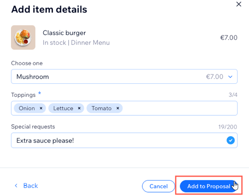 A screenshot showing how to add a menu item with dish options to a proposal.