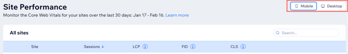 A screenshot showing how to toggle between mobile and desktop in the site performance dashboard.